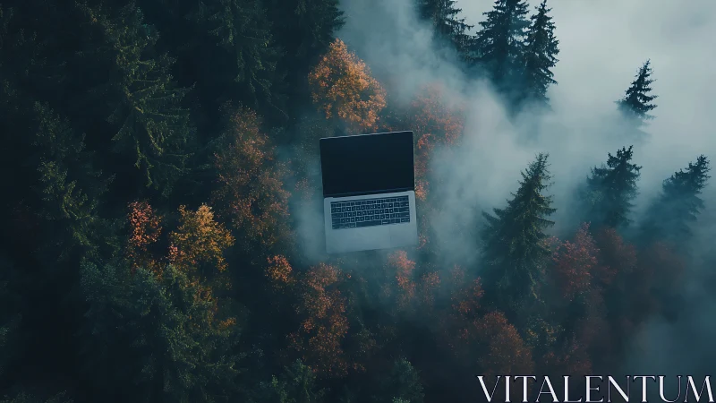 Laptop suspended above misty forest canopy in aerial perspective