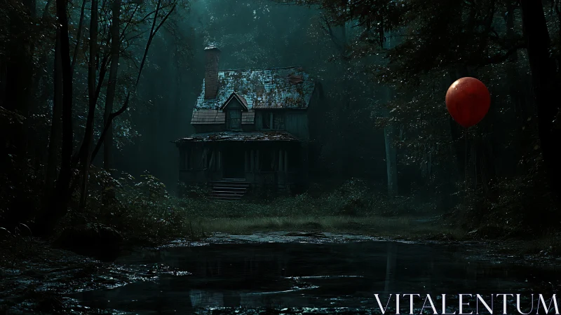 Lonely forest house and a watching red balloon at dusk.