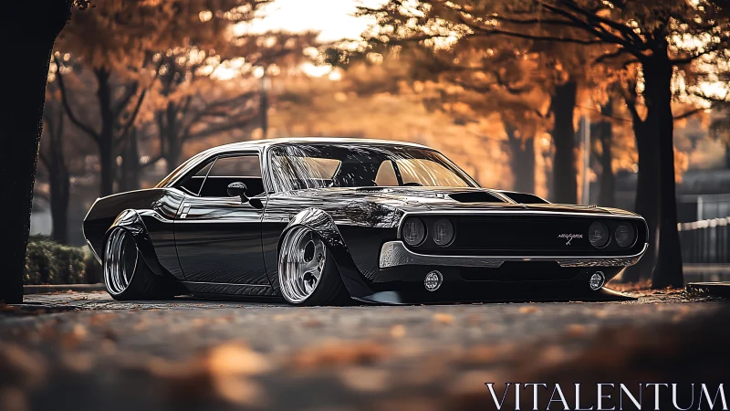 Lowered black muscle car on tree-lined autumn street.
