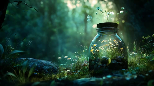 Wildflower terrarium glows in misty forest dawn light.