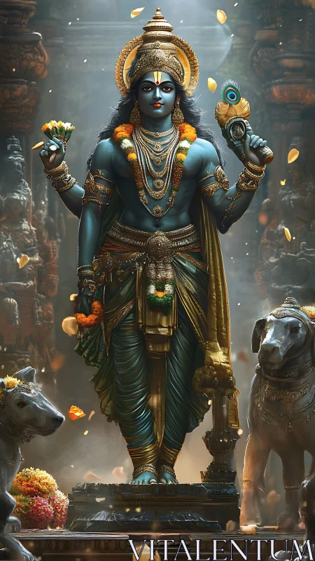 Divine blue guardian breathes light into a jeweled shrine