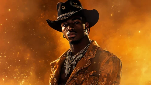 Cowboy portrait glows within molten gold haze background.