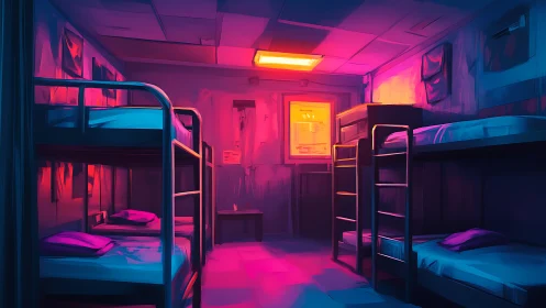 Neon lit bunk bed dorm room with empty metal frames.
