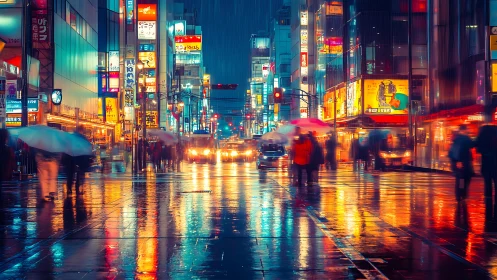 Colorful rainy city street glowing with cozy neon reflections.