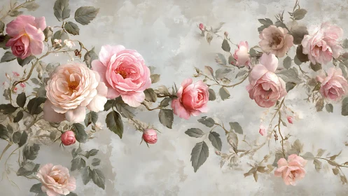 Pink roses with green foliage painted against textured cream background