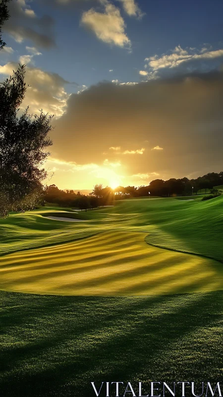 Golf course fairway under low golden sunset light.