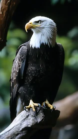 Bald eagle portrait on branch in high-contrast natural light