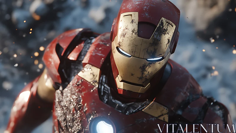 Armored humanoid figure with weathered helmet looks forward