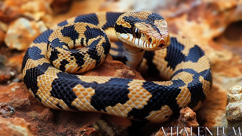 Coiled black and yellow snake on rocky ground in focus.