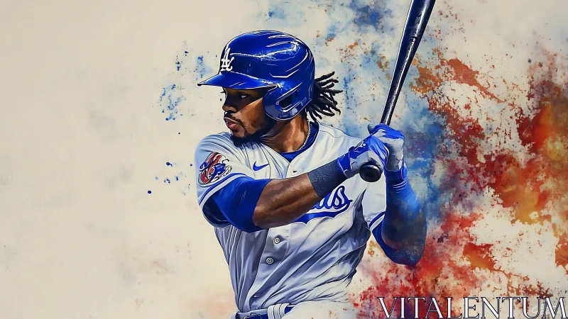 Right-handed baseball hitter in mid-swing with abstract splatter
