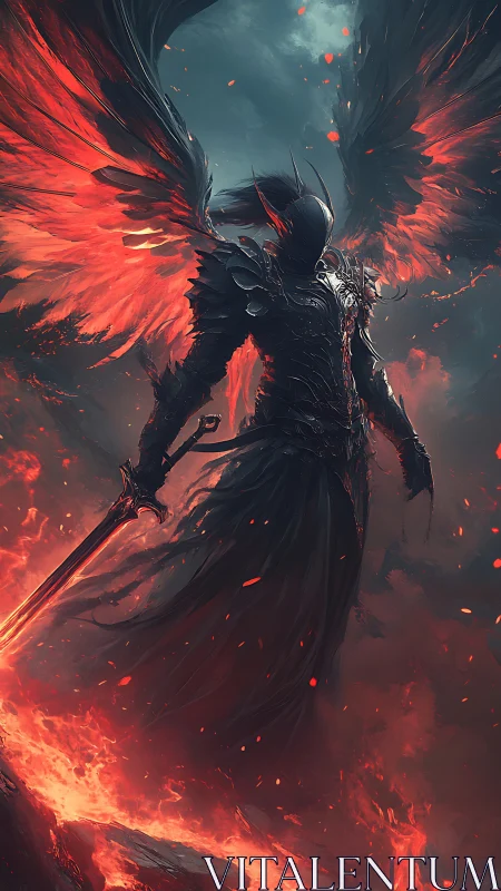 Armored winged figure with sword in volcanic landscape.