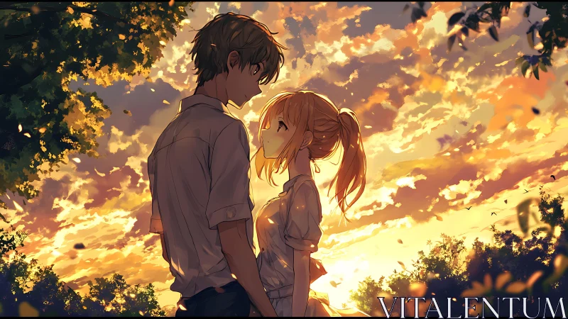 Backlit anime couple in warm sunset rim light and foliage depth
