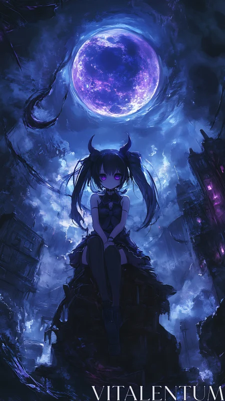 Demonic moonlit girl in ruined city under swirling void sky.