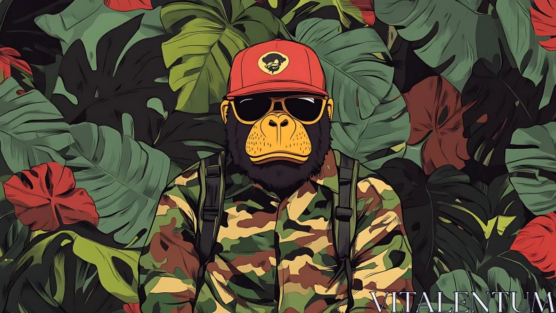 Stylized gorilla soldier wears red cap amid dense jungle