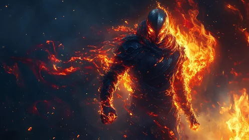 Armored fire entity in dark smoky inferno scene.