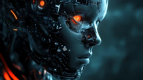 Cybernetic humanoid profile glows with molten orange optics.
