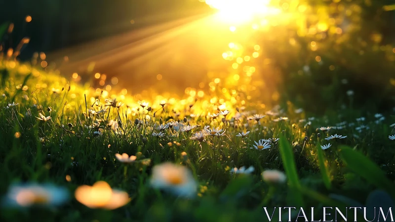 Sunlit meadow of wild daisies glowing in golden warmth.