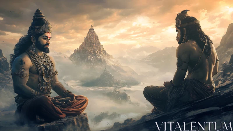 Divine warriors in mountain meditation before distant temple.