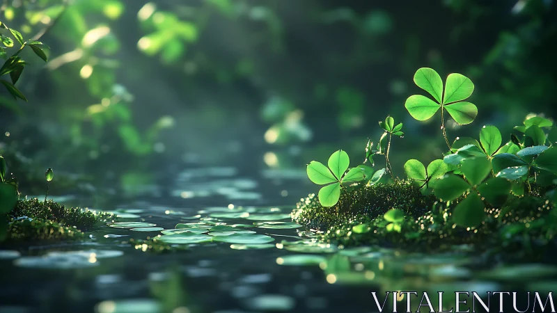 Clover leaves catch morning light above tranquil forest stream