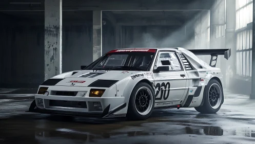 Widebody race-spec mid-engine coupe under diffused warehouse light