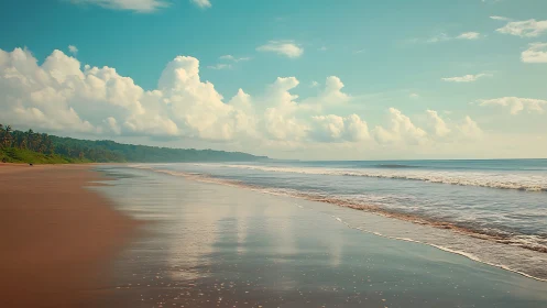 Serene shoreline dream under cloud-cast tropical skies.