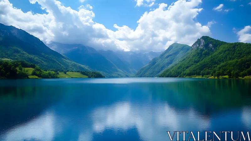 Mountain lake and forested slopes reflect under cloud cover