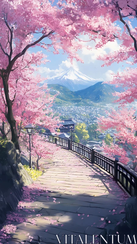 Sakura-lined stone promenade with distant stratovolcano vista.