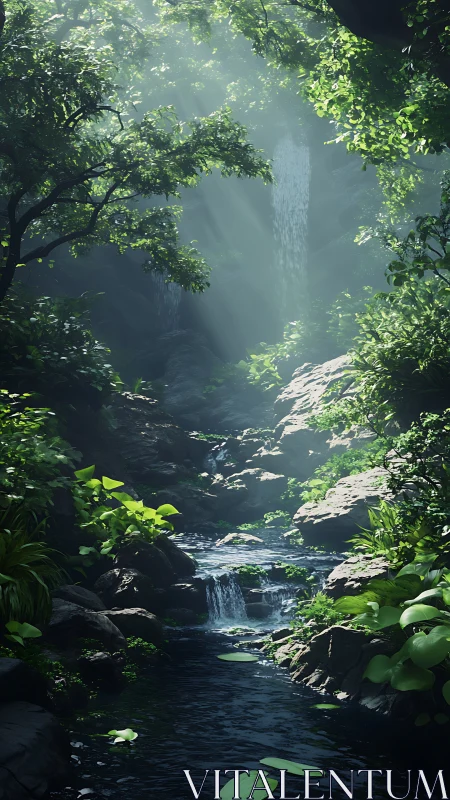 Misty Forest Waterfall Canyon with Verdant Canopy.