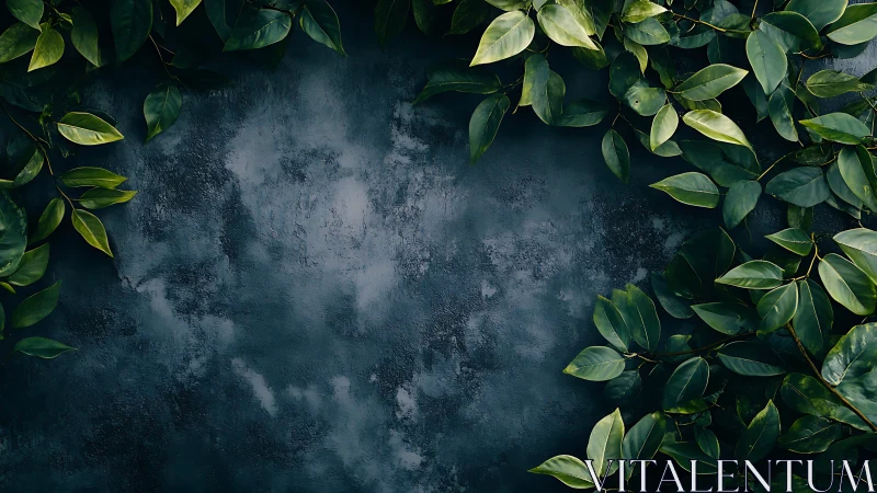 Dark patinated concrete framed by glossy botanical foliage