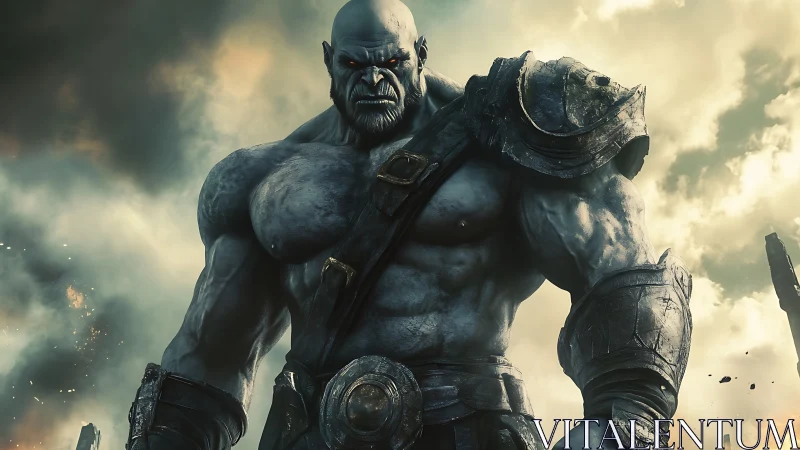 Armored stone-skinned warlord under stormlit apocalyptic sky