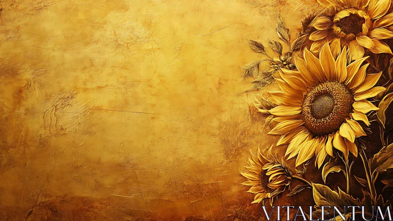 Golden sunflowers glow warmly against rustic painted stucco