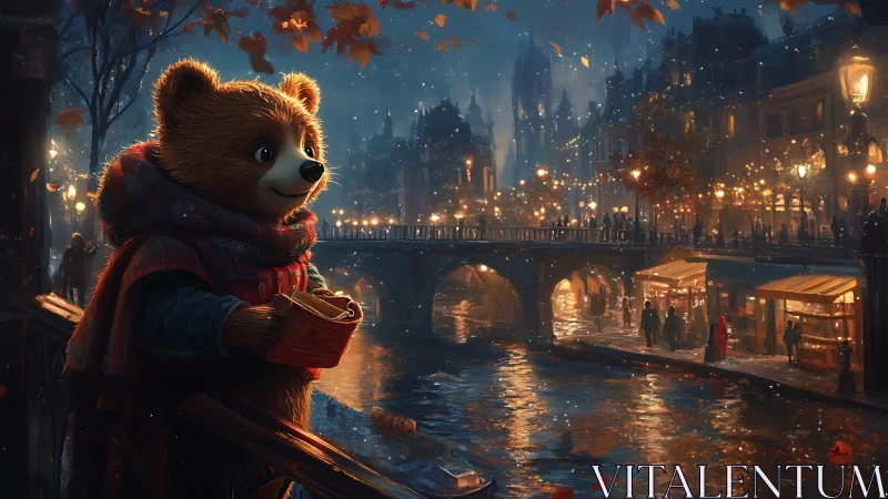 Cozy bear in scarf overlooking glowing riverside city.