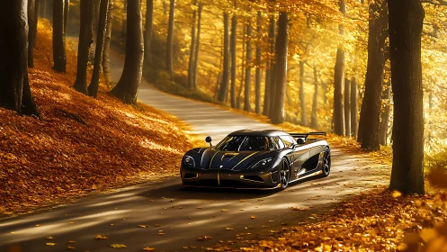 Autumn forest road welcomes a sleek supercar in warm light