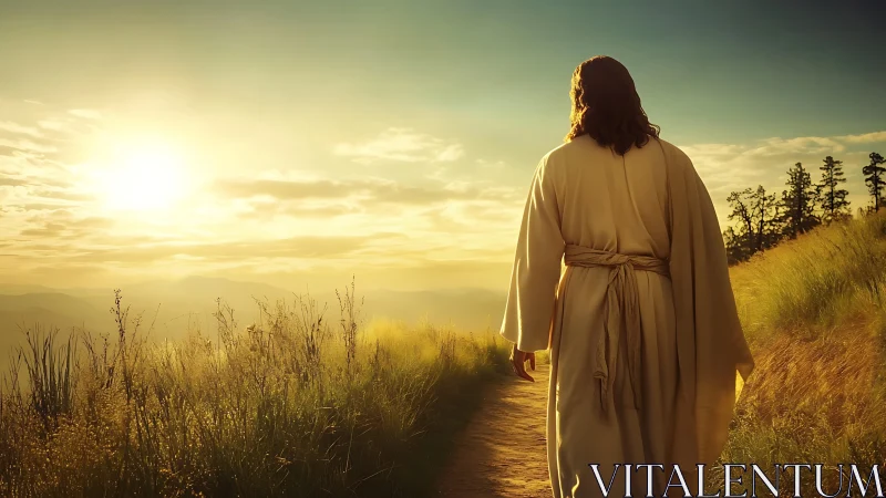 Robe-clad figure walking sunlit hillside path at dawn.