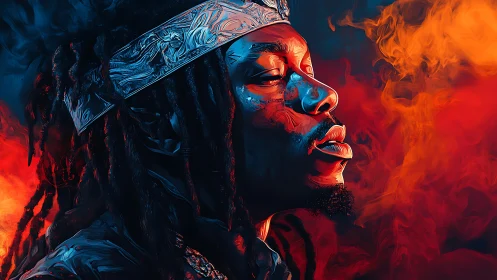 Digital portrait of man in orange and blue smoke glow.