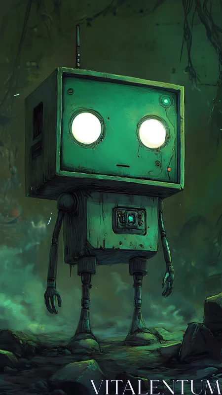 Box-headed robot standing in misty green wasteland.