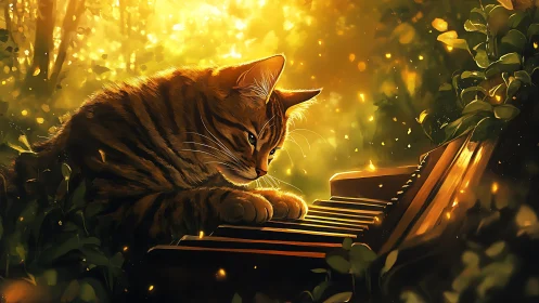 Striped cat plays glowing piano in warm forest light