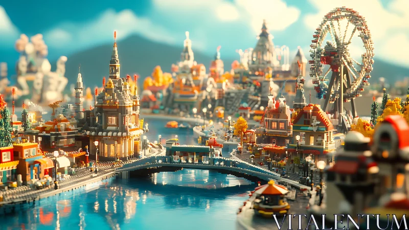 Toy brick riverside city glows under bright afternoon light.