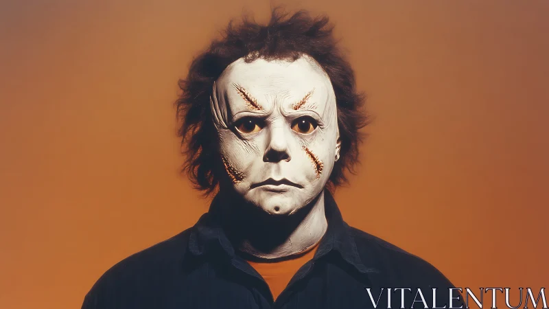 Mask with scarred details stares forward in eerie silence.