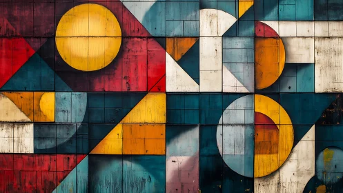 Weathered geometric mural with circular motifs on metal panels