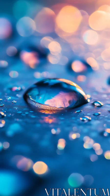 Gentle water droplet glows in dreamy blue and orange light