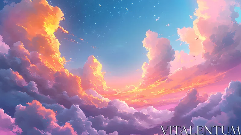 Radiant sunset clouds welcome a dreamy sky of soft light