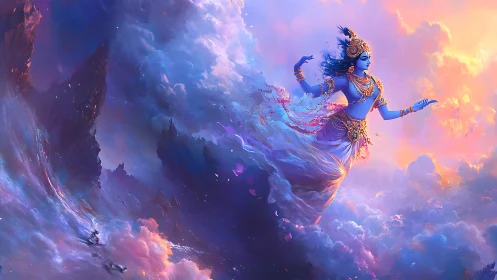 Celestial blue deity gliding through auroral storm clouds.