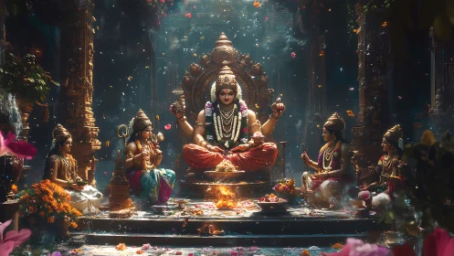 Ritual-lit divine assembly in jewel-toned temple interior.