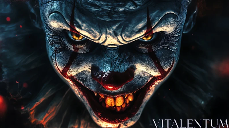 High-contrast demonic clown portrait with hyper-detailed textures