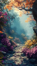 Stone path passes through dense flowering forest corridor