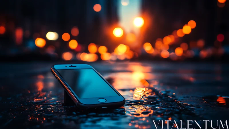 Smartphone on wet city street with blurred evening lights.