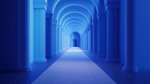 Endless blue colonnade fades into a distant glowing doorway.