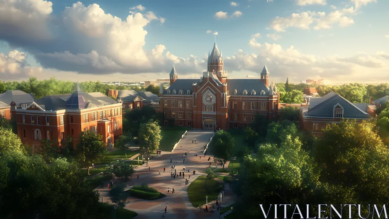 Sunlit neo-gothic campus quad with detailed brick architecture.