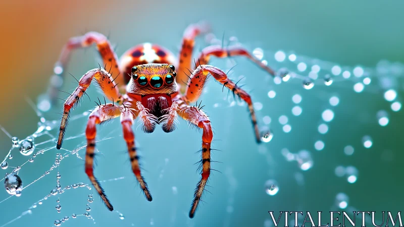Jewel-eyed spider tiptoes through a glistening dewdrop galaxy